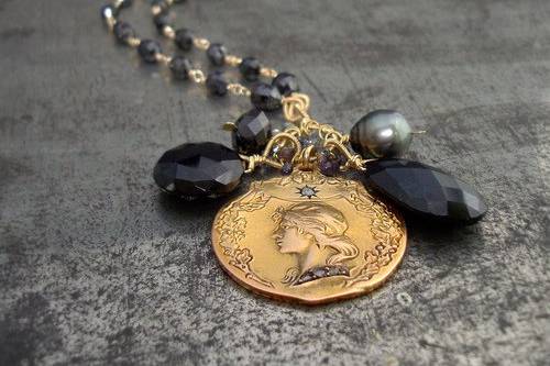 Freya Necklace - Black diamonds, antique 18k gold pendant