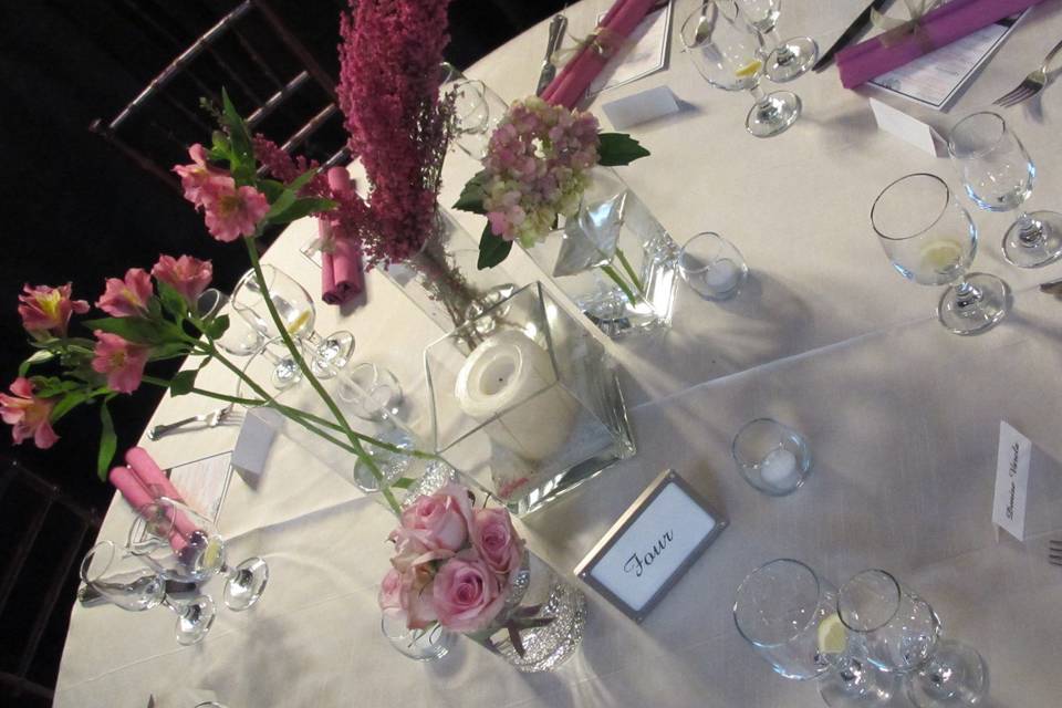 Champagne Dupioni with Fuchsia Napkins