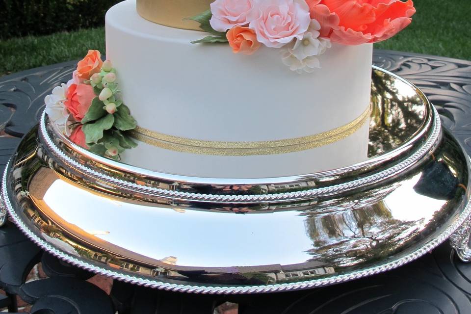 Display wedding cake Let's Do Cake made for a Styled Photo Shoot at Olympia's Valley Estate.  Covered in Fondant with middle tier painted with Edible Gold Paint.  Handmade sugar Peonies, Buds, Roses, Hypericum Berries, Pulled Flowers and Leaves.  Purchased Topper by CakeSparkle on etsy.