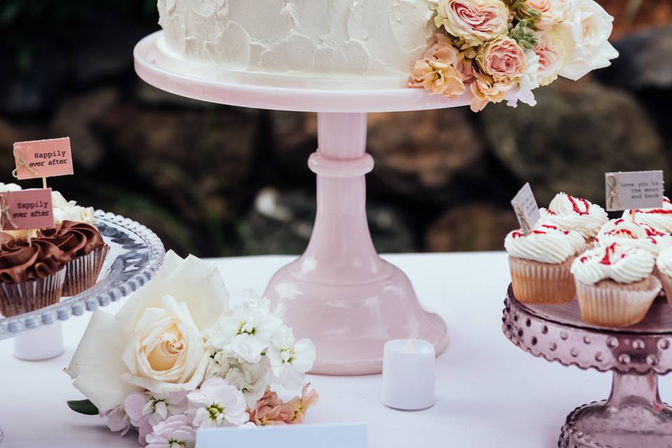 Rustic Frosted Carrot & Cream Cheese Wedding Cake by Let's Do Cake!  Fresh flowers put on by us and mice toppers provided by the couple.