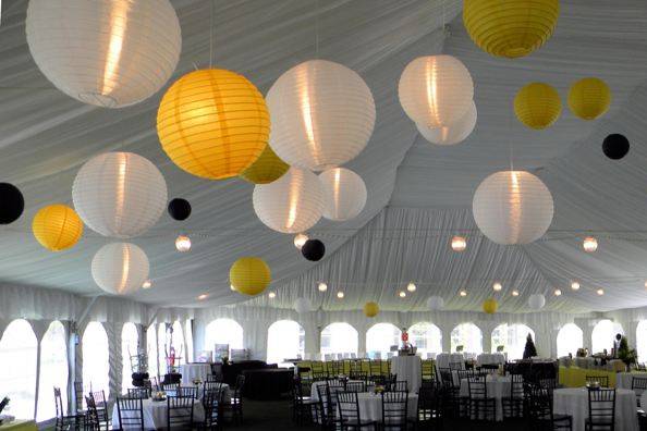 Draped tent with lanterns