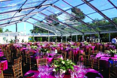 Pink tables and floral centerpieces