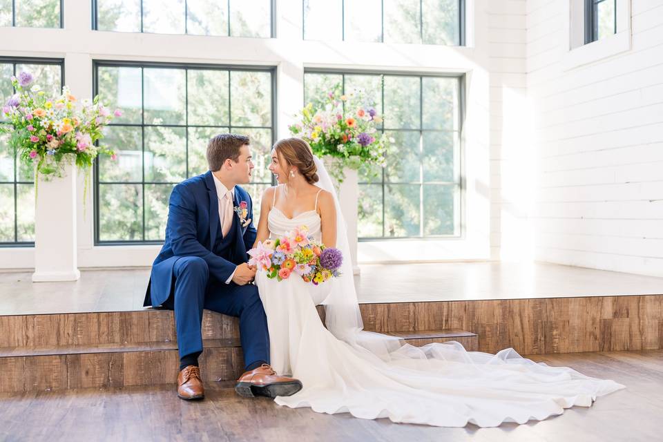 Bride and groom sitting