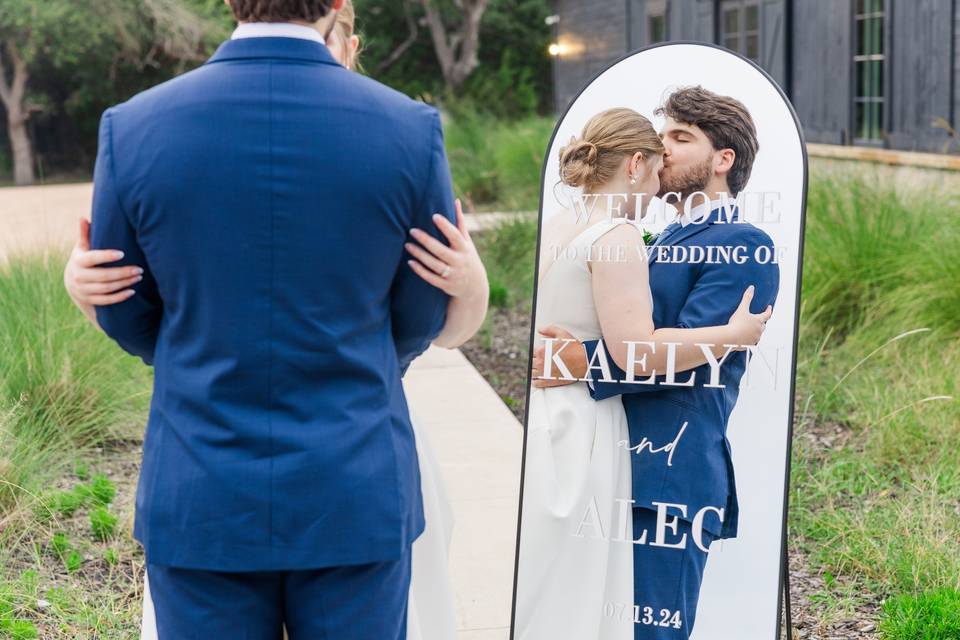 Bride and groom in mirror