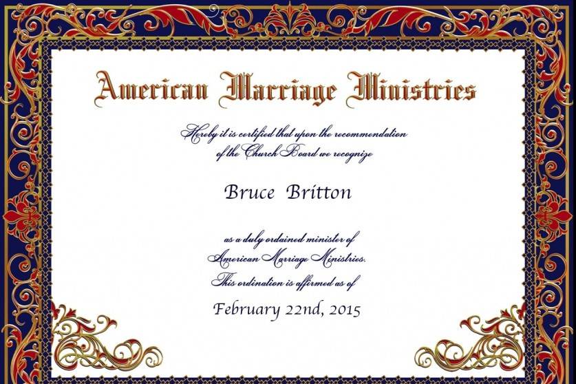 My Certificate Of Ordination from American Marriage Ministries