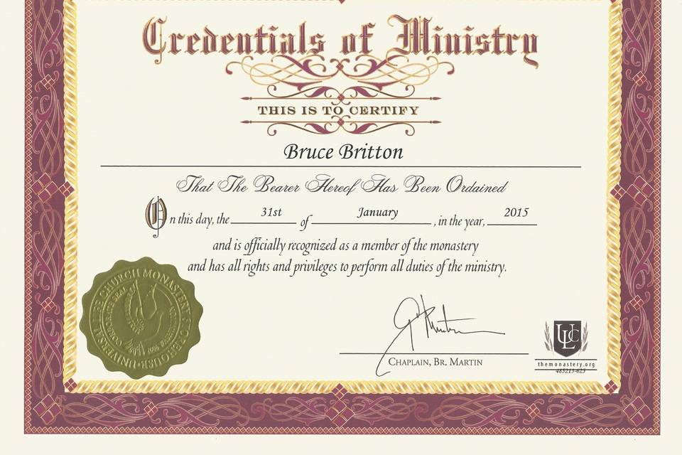 My Certification of Ordination from Universal Life Church