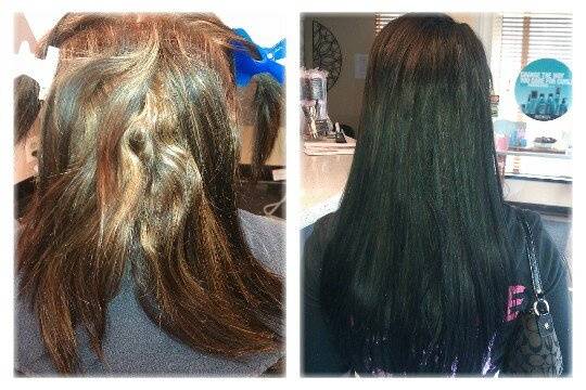 Before and After look of hair extensions, color, and keratin