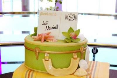 Entirely edible suitcase cakes for a post destination wedding reception.