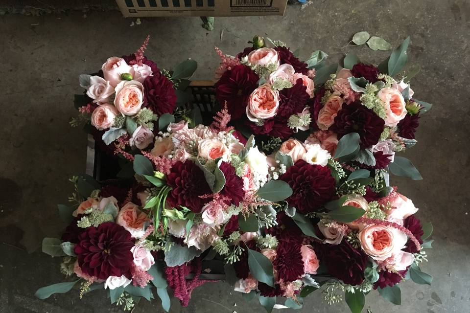 Burgundy and peach bouquets