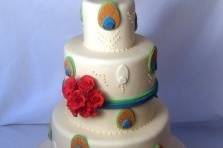 Peacock Feathers and Roses Wedding Cake