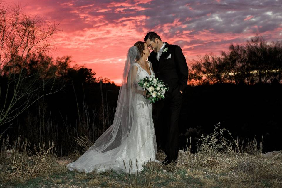 Sunset with bride and groom
