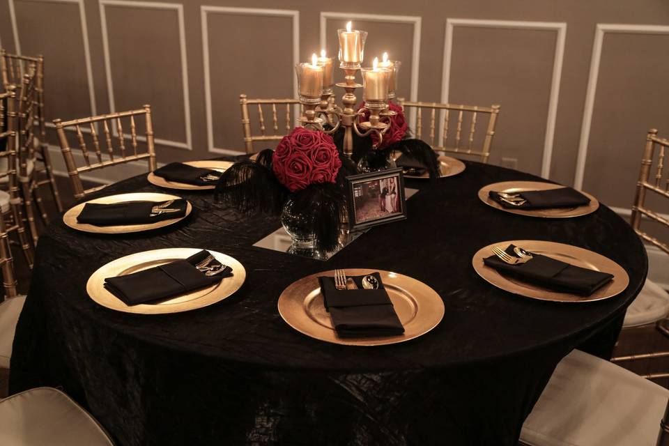 Tables set with gold chargers