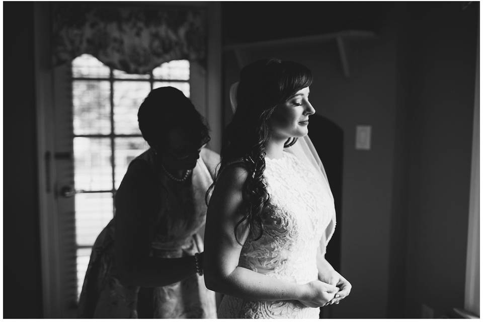 Black and white photo of bride
