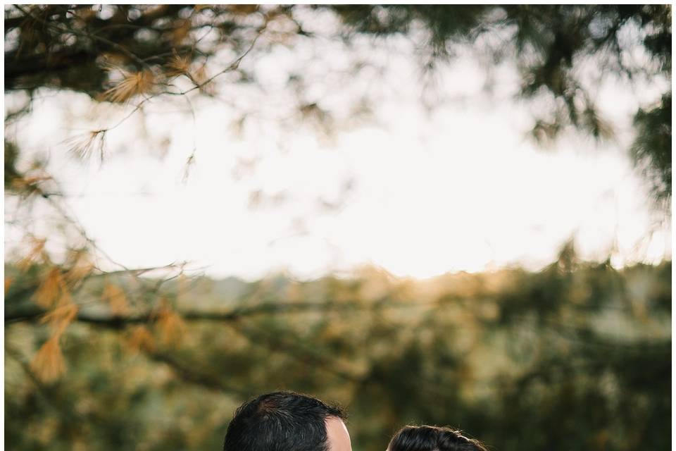 Newlyweds kissing at the altar