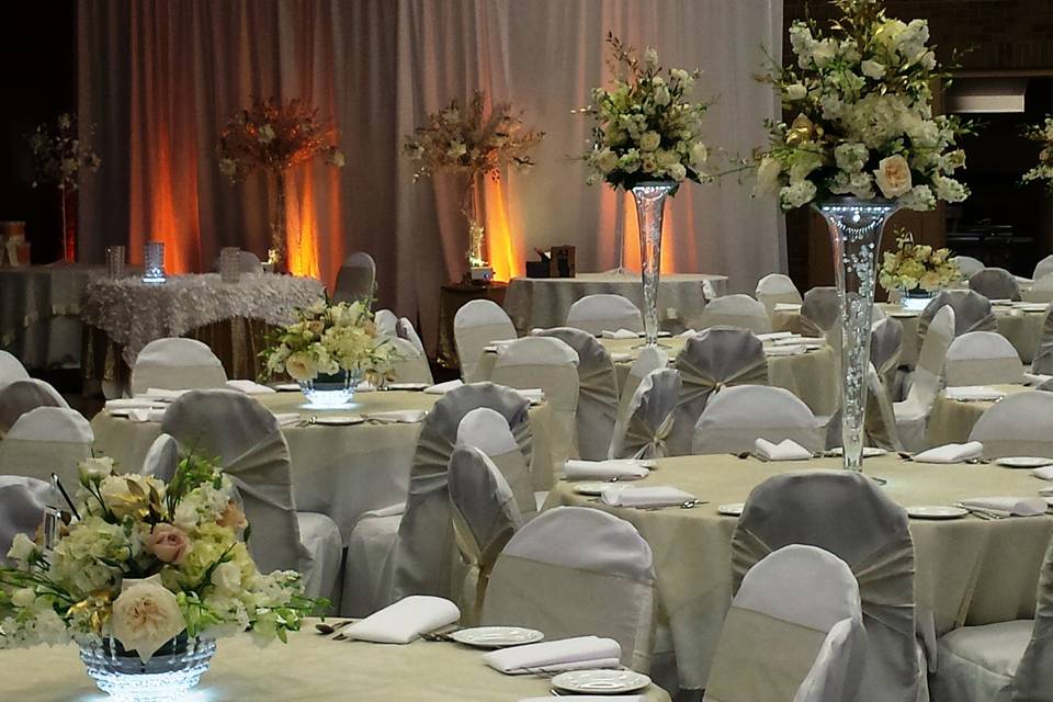 Table Settings - our low and high centerpieces, linens, chair decor