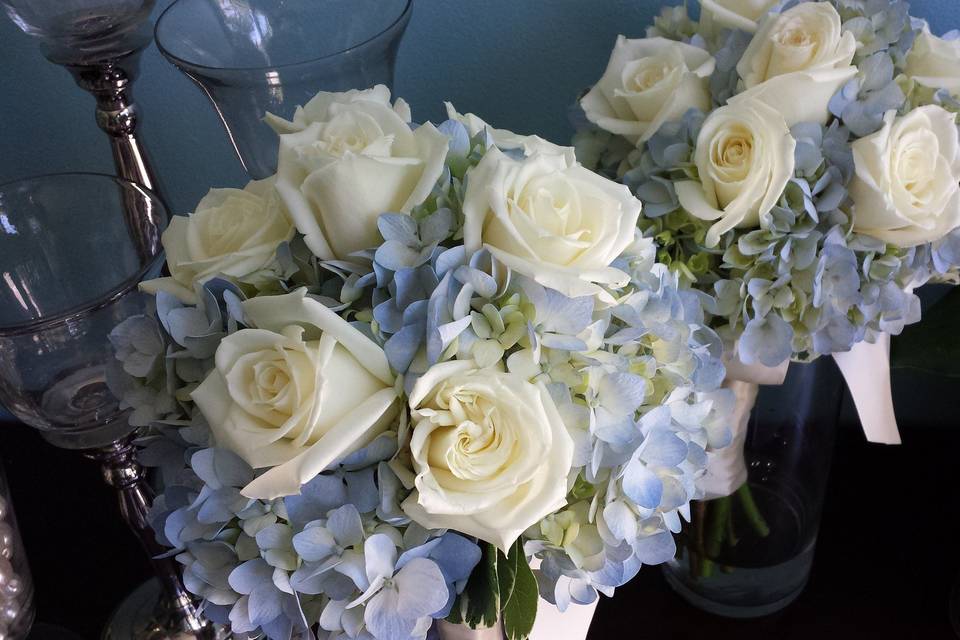 White roses and pastel blue colors