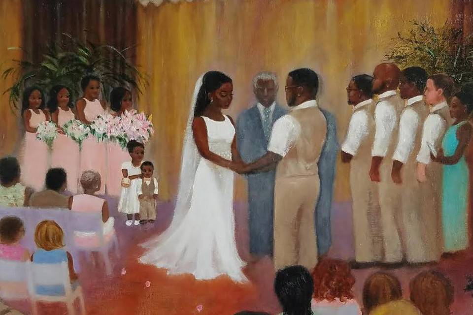 wedding painting that was created indoors at last minute due to the beach venue being rained out.
