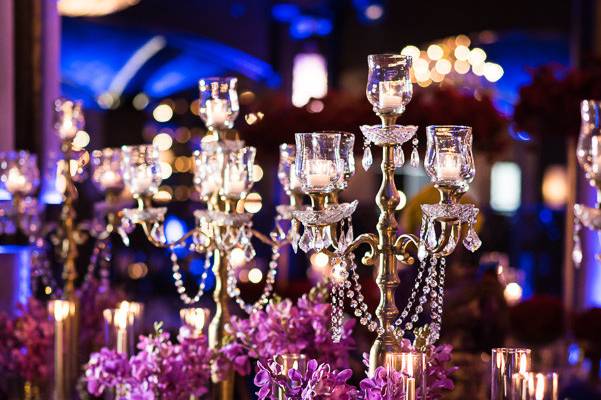 Table setup with purple flowers