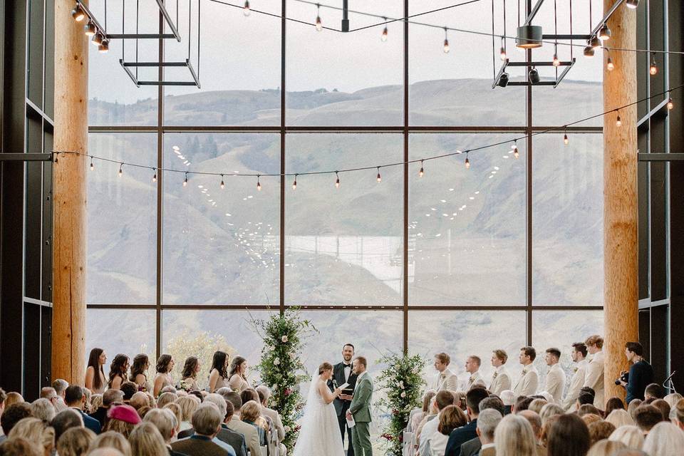 Bright lit ceremony space.