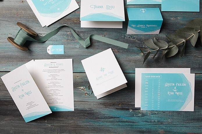 White and sky blue invitation