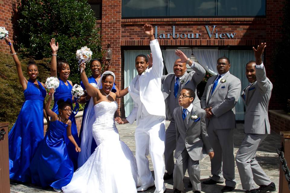 Wedding Party with Bride and Groom after the event