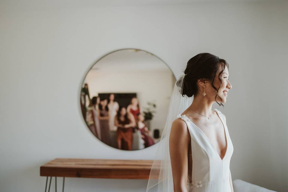 Bridal party in mirror