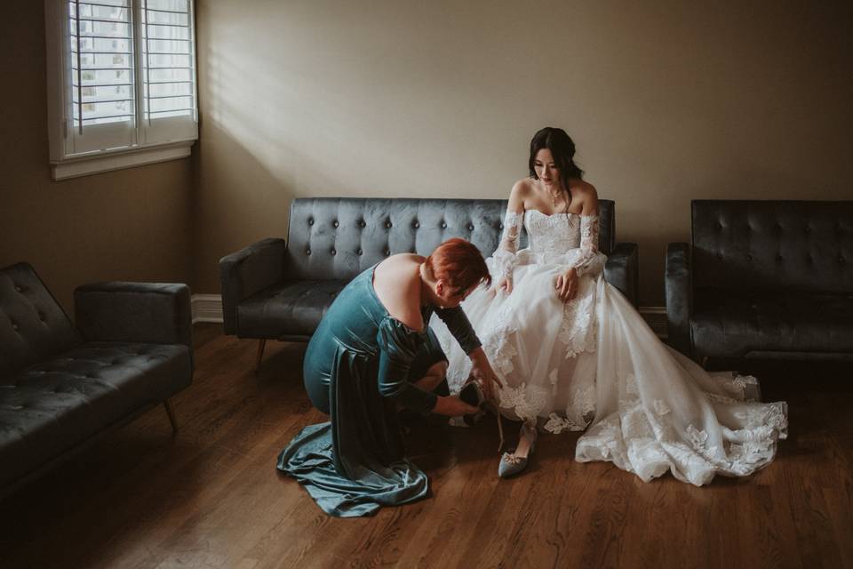 Bride on blue sofa