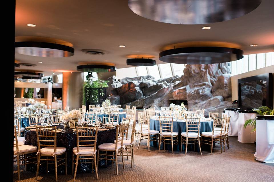 The Bougainvillea Ballroom is unique in shape and design, offering an indoor waterfall feature and fireplace, and floor to ceiling windows.