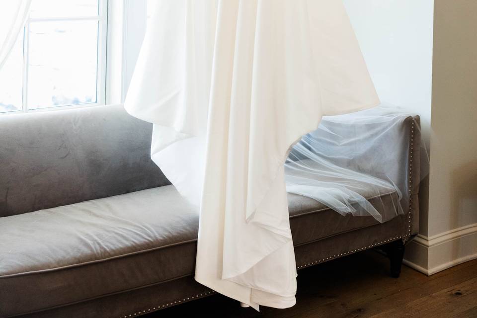 Wedding dress getting ready