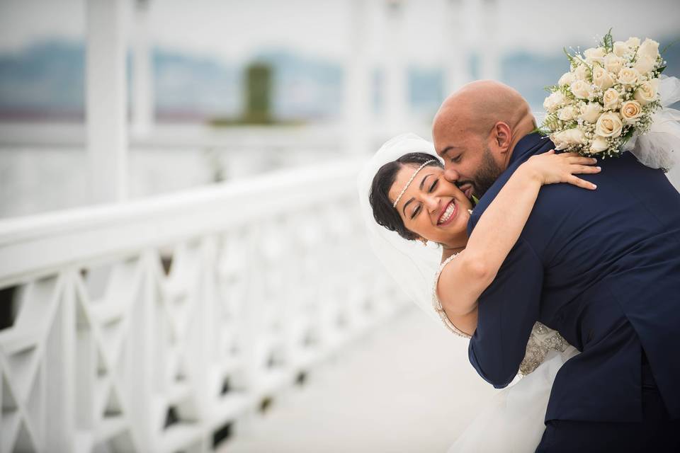 Candid shot of bride laughing