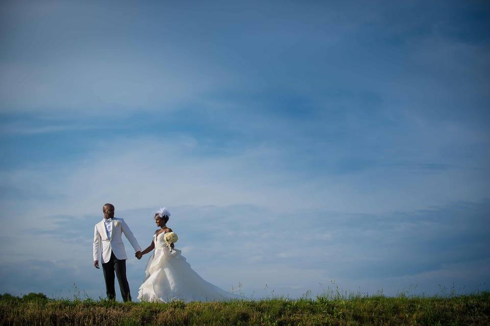 Couple walking along a ridge