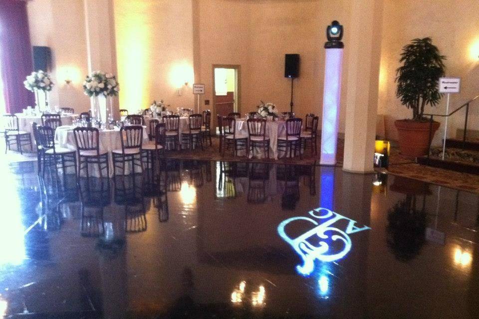 reception set-up and monogram lights