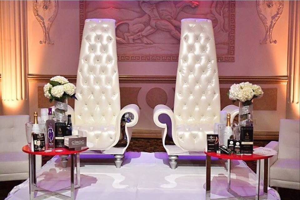 2 Single white throne chairs with mirror sides