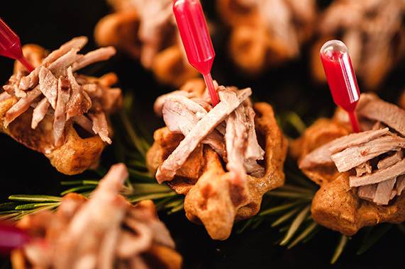 Sweet potato waffle with duck confit | Forks & Corks Catering