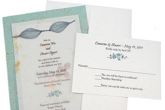 100% recycled handmade double panel wedding invitation and RSVP card with eco-twist bow on periwinkle and bluegrass paper. Custom calligraphy services, plantable seed paper and DIY Kit available!