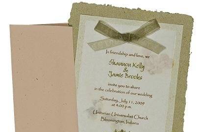 100% recycled handmade double panel wedding invitation with fossil and olive paper and olive ribbon. Custom calligraphy services, plantable seed paper and DIY Kit available!