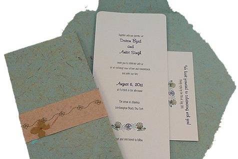 100% recycled handmade wrap wedding invitation in bluegrass with tan seal and flower stitch. Custom calligraphy service, plantable seed paper and DIY Kit available!