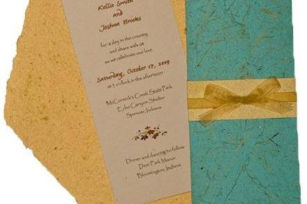 100% recycled handmade wrap wedding invitations in gold and bluegrass with gold bow. Custom calligraphy service, plantable seed paper and DIY Kit available!