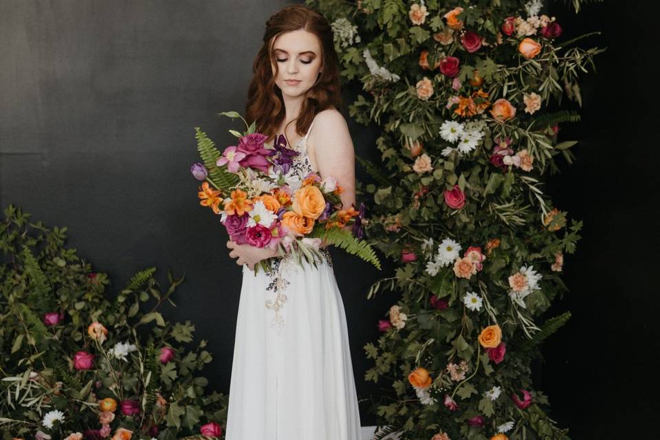 Lush floral backdrop and bouq