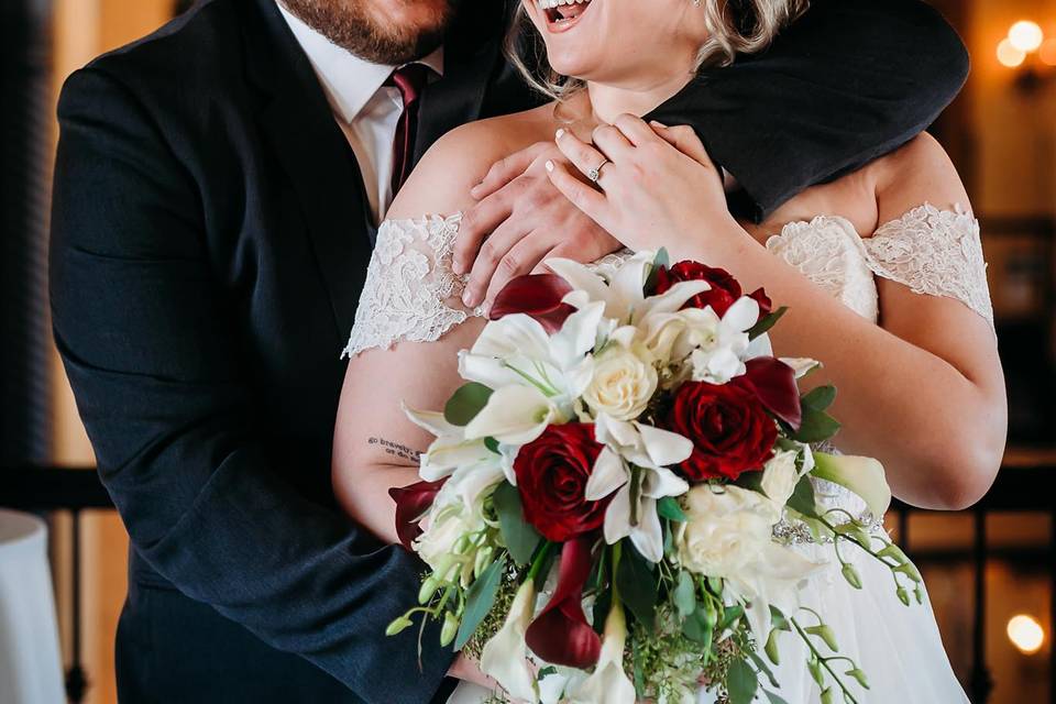 Bride and groom laughing