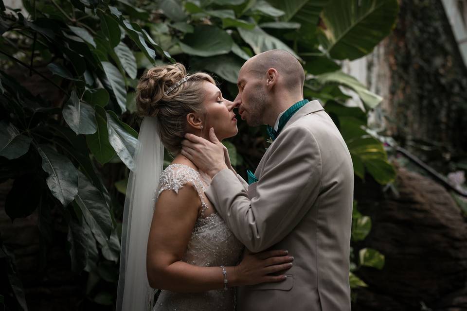 Bride and groom kissing