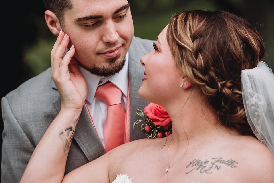 Bride and groom embracing