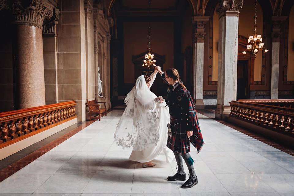 Bride and groom dancing