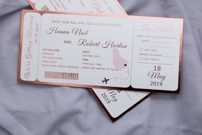Foil Destination Wedding Airline Ticket Style Invitation