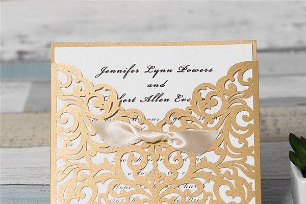 Metallic Gold Laser Cut Ribbon Bow Wedding Invitation