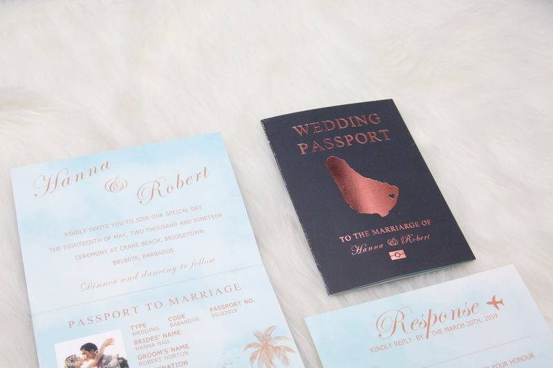 Foil Destination Wedding Passport Invitation in Rose Gold Design