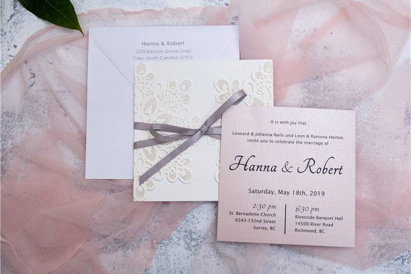 Grey Ribbon Laser Cut Wedding Card