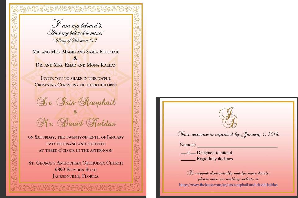 Gold Border Filigree Coptic Cross Coral Background Wedding Invitation and RSVP