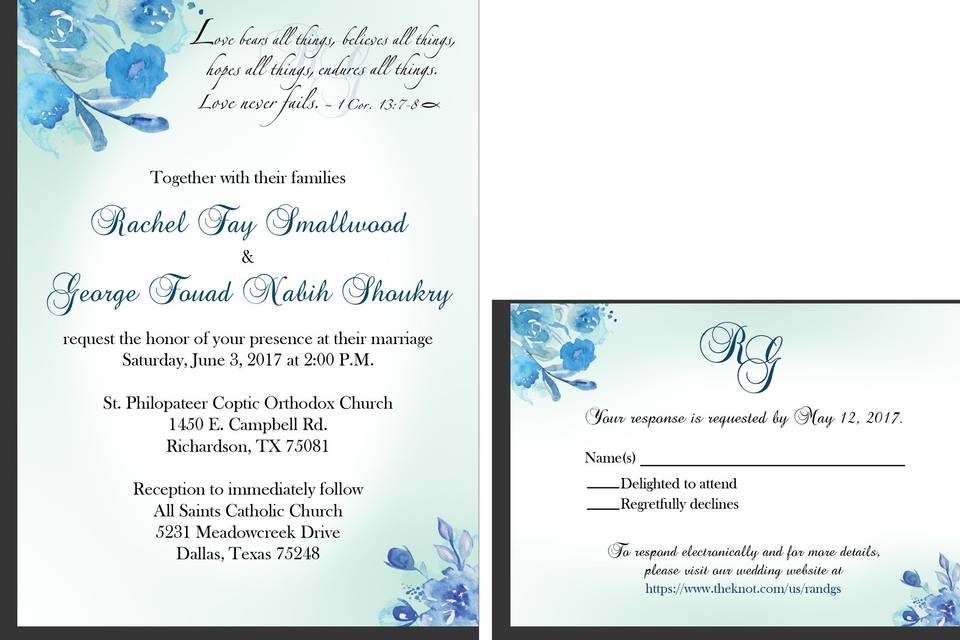 Blue Green Floral Watercolor Wedding Invitation And RSVP