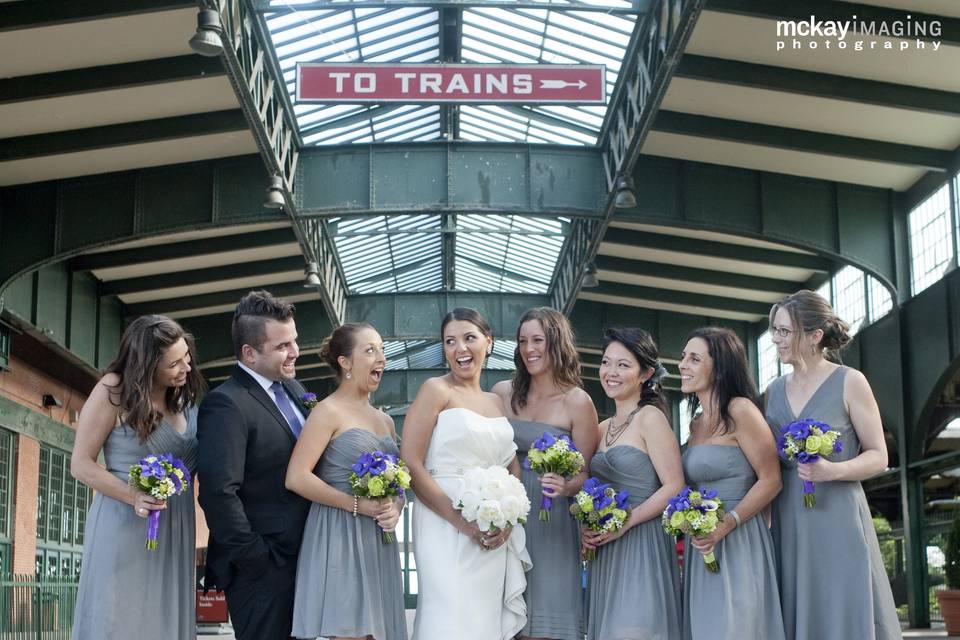 Bride and bridesmaids holding their bouquets
